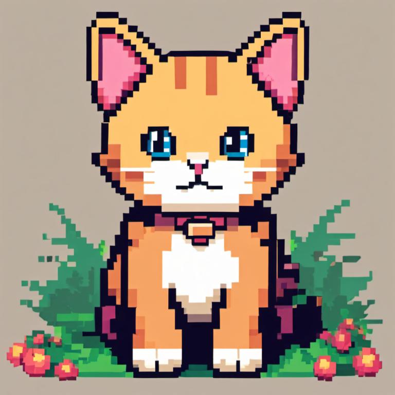 Pixel Art,Pixel Art, Animal, cat, no humans, blue eyes, flower, cat, grass, grey background