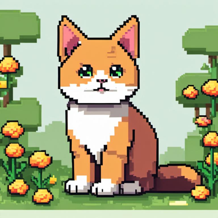 Pixel Art,Pixel Art, Animal, cat, no humans, flower, green eyes, cat, grass, looking at viewer, yellow flower