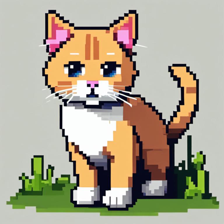 Pixel Kunst,Pixel Kunst, Tiere, Katze, keine Menschen, grauer Hintergrund, blaue Augen, Gras, Solo, Katze