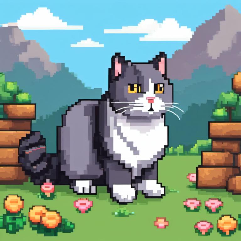 Pixel Art,Pixel Art, Animal, cat, cat, no humans, flower, outdoors, grass, day, cloud, sky, black cat