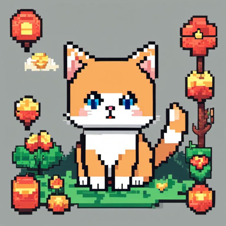 Pixel Art,Pixel Art, Animal, cat, grey background, blue eyes, no humans, simple background, cat, flower