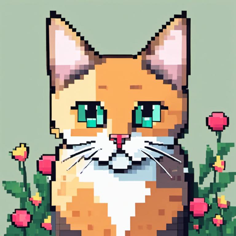 Pixel Art,Pixel Art, Animal, cat, flower, cat, no humans, simple background, green background, whiskers