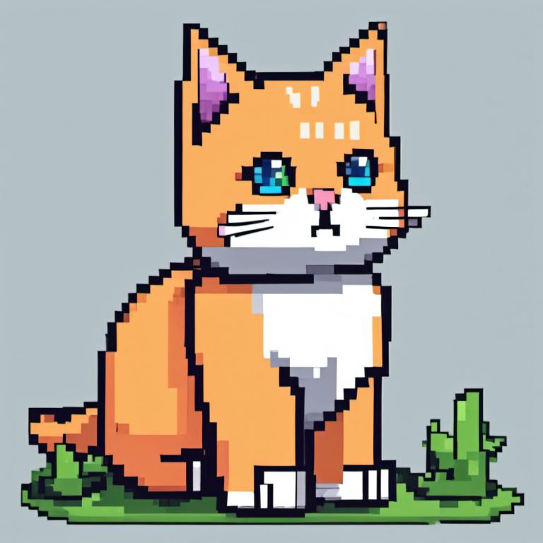 Pixel Art,Pixel Art, Animal, cat, no humans, grey background, blue eyes, simple background, solo, grass, cat