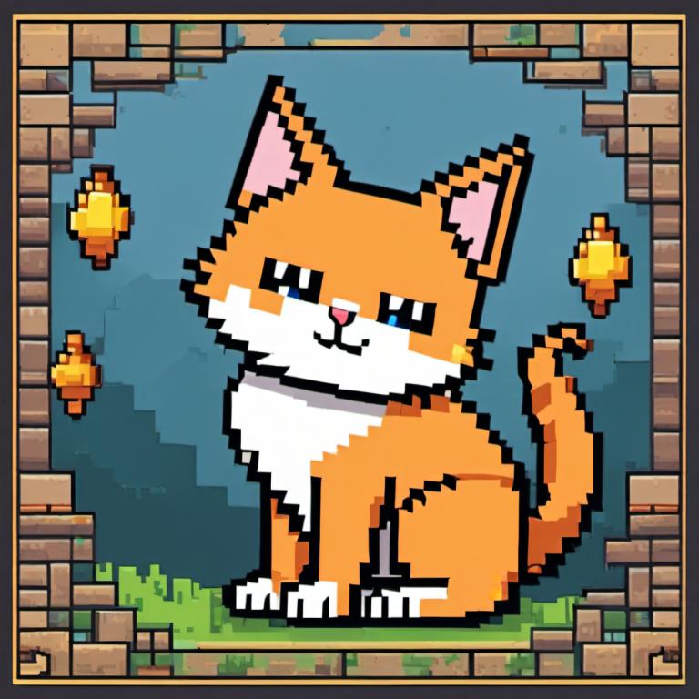 Pixel Art,Pixel Art, Dyr, kat, ingen mennesker, kat, blå øjne, solo, græs, murstens væg, hele kroppen