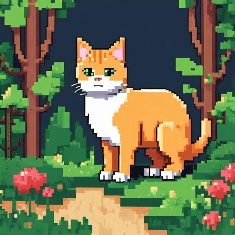 Pixel Art,Pixel Art, Animal, cat, no humans, bush, tree, cat, flower, green eyes, animal focus, outdoors