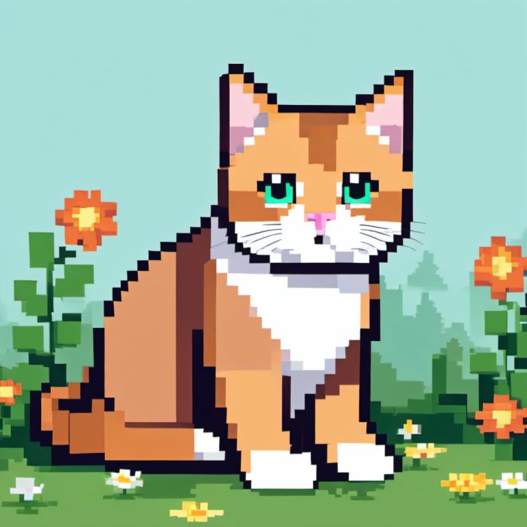 Pixel Art,Pixel Art, Animal, cat, no humans, flower, grass, outdoors, cat, full body, solo, looking at viewer