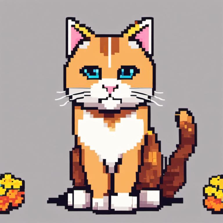 Pixel Art,Pixel Art, Animal, cat, no humans, grey background, blue eyes, simple background, cat, solo