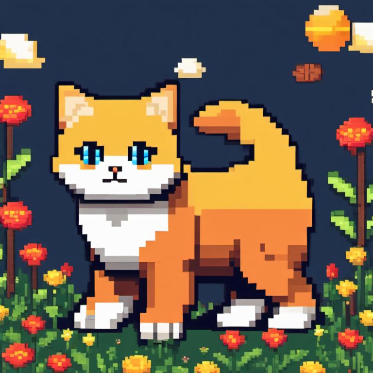 Pixel Art,Pixel Art, Animal, cat, flower, no humans, blue eyes, solo, pokemon (creature), full body, grass