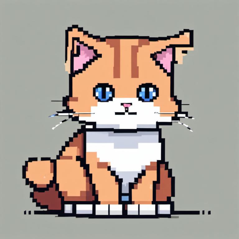 Pixel Art,Pixel Art, Animal, cat, no humans, grey background, blue eyes, simple background, cat, solo