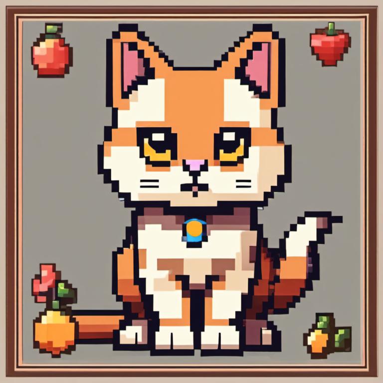 Pixel Art,Pixel Art, Animal, cat, no humans, cat, yellow eyes, grey background, simple background, solo