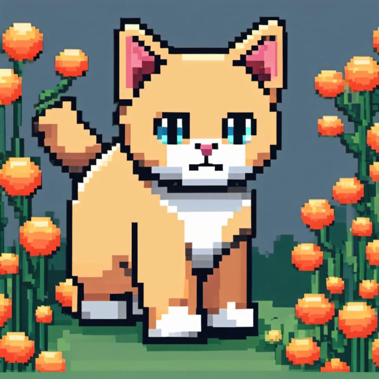 Pixel Art,Pixel Art, Animal, cat, no humans, flower, blue eyes, solo, full body, orange flower, standing