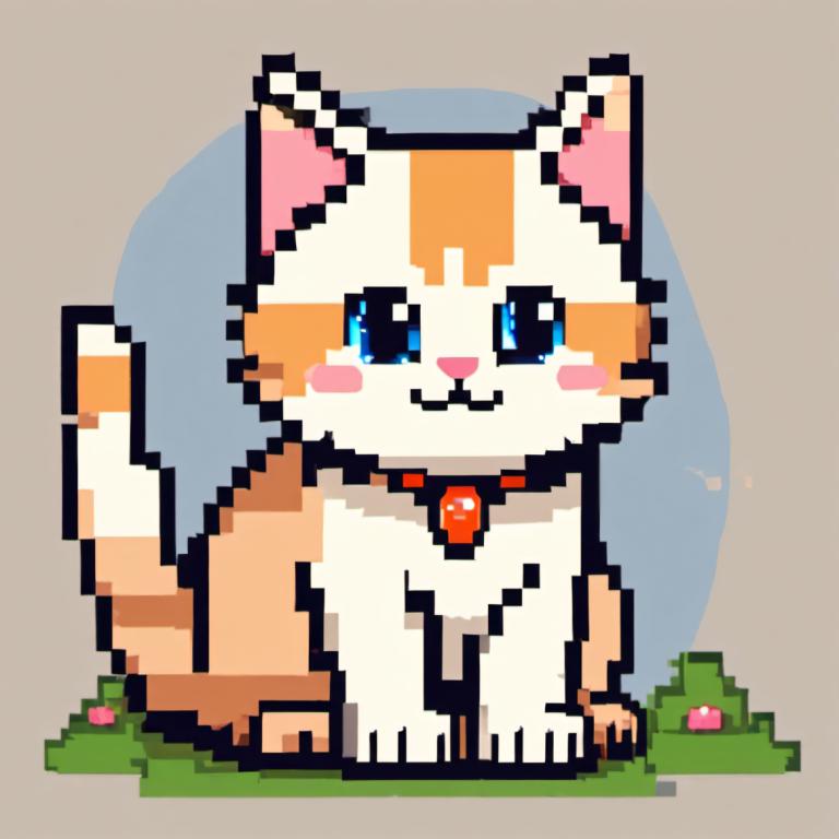 Pixel Art,Pixel Art, Animal, cat, no humans, blue eyes, cat, grass, grey background, looking at viewer