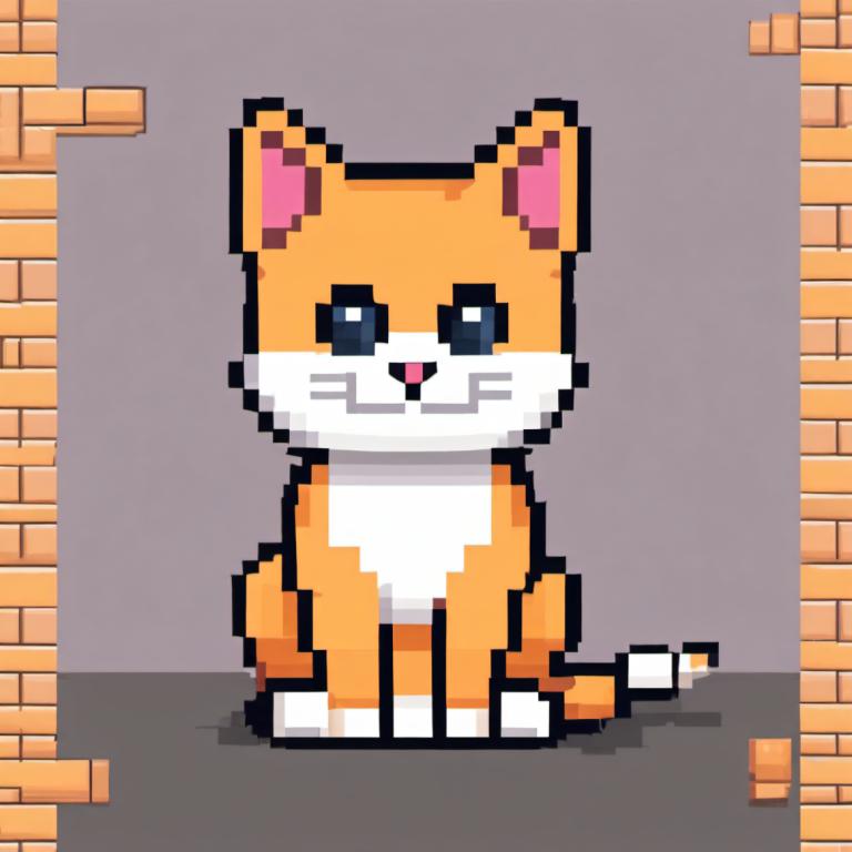 Pixel Art,Pixel Art, Animal, cat, no humans, cat, solo, brick wall, full body, looking at viewer, orange fur