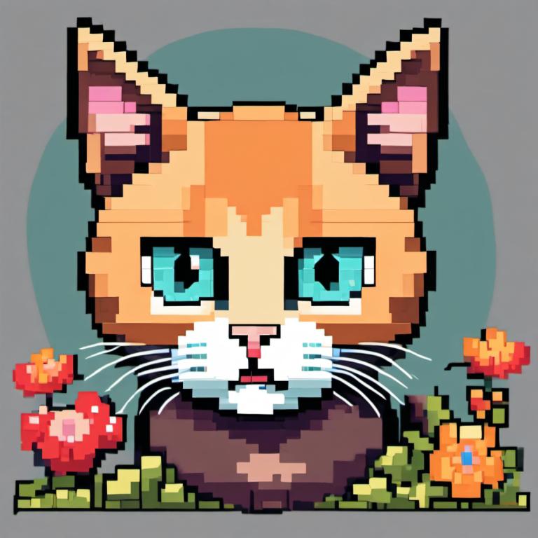 Pixel Art,Pixel Art, Animal, cat, flower, grey background, animal ears, cat, looking at viewer, blue eyes