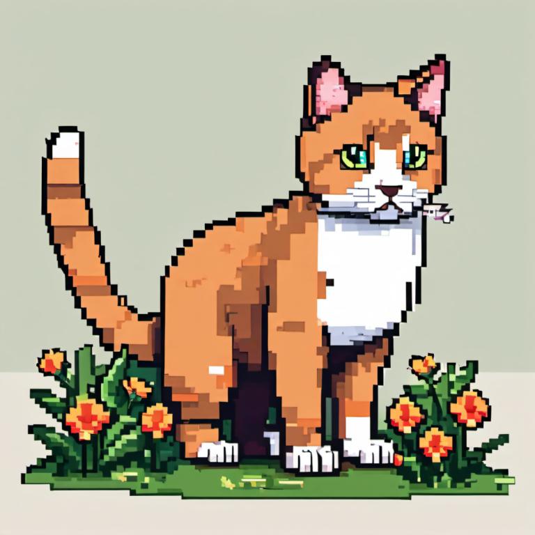 Pixel Art,Pixel Art, Animal, cat, no humans, flower, cat, animal focus, green eyes, grey background