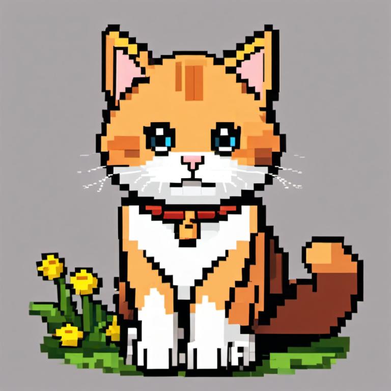 Pixel Art,Pixel Art, Animal, pisică, nici oameni, fundal gri, floare, pisică, ochi albaștrii, floare galbenă