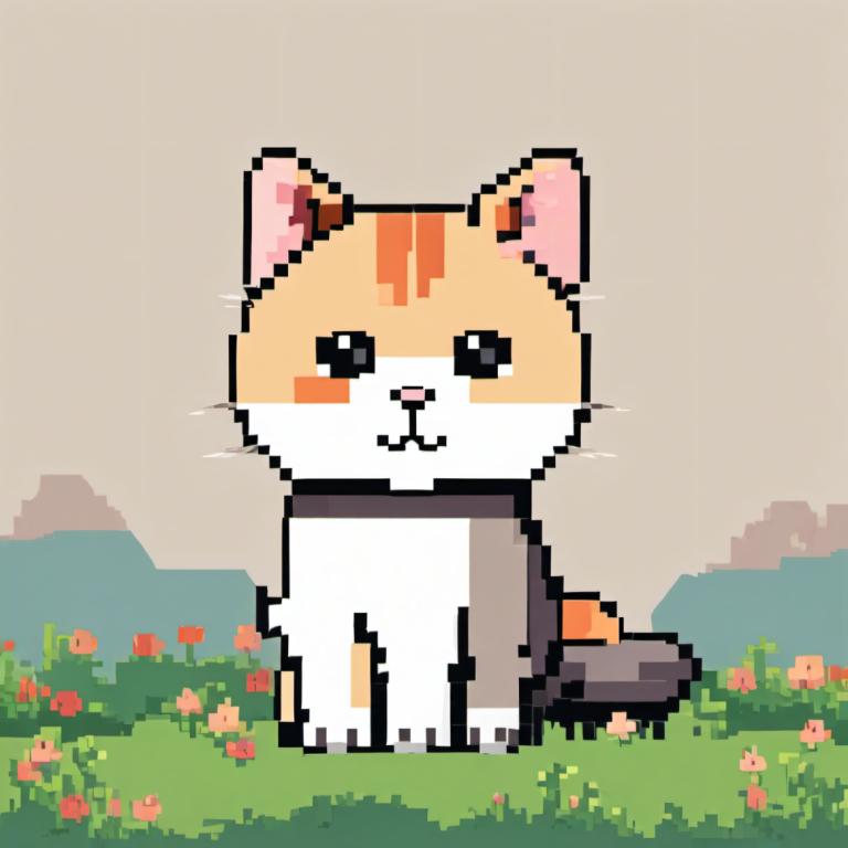 Pixel Art,Pixel Art, Animal, cat, no humans, cat, flower, grass, solo, outdoors, looking at viewer, full body