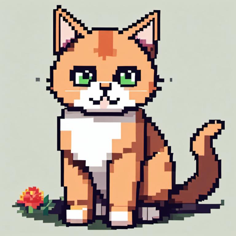 Arte de pixel,Arte de pixel, Animal, gato, no humanos, flor, ojos verdes, gato, fondo gris, fondo sencillo