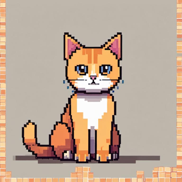 Pixel Art,Pixel Art, Animal, cat, no humans, cat, grey background, full body, blue eyes, solo