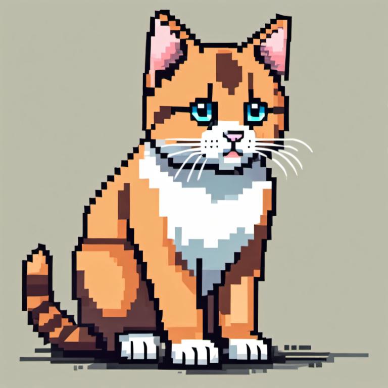 Pixel Art,Pixel Art, Animal, cat, no humans, cat, simple background, grey background, full body, blue eyes