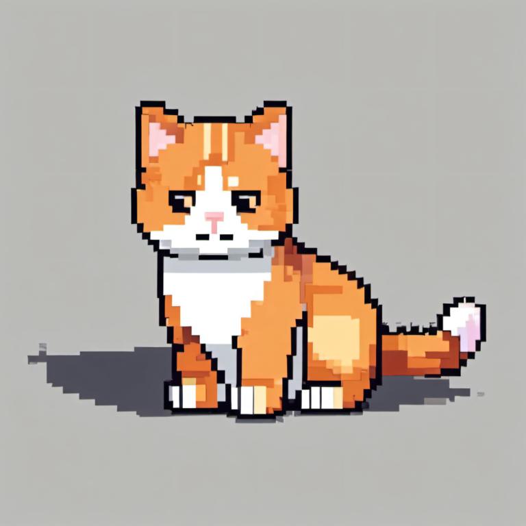 Pixel Art,Pixel Art, Animal, cat, no humans, grey background, simple background, full body, animal focus