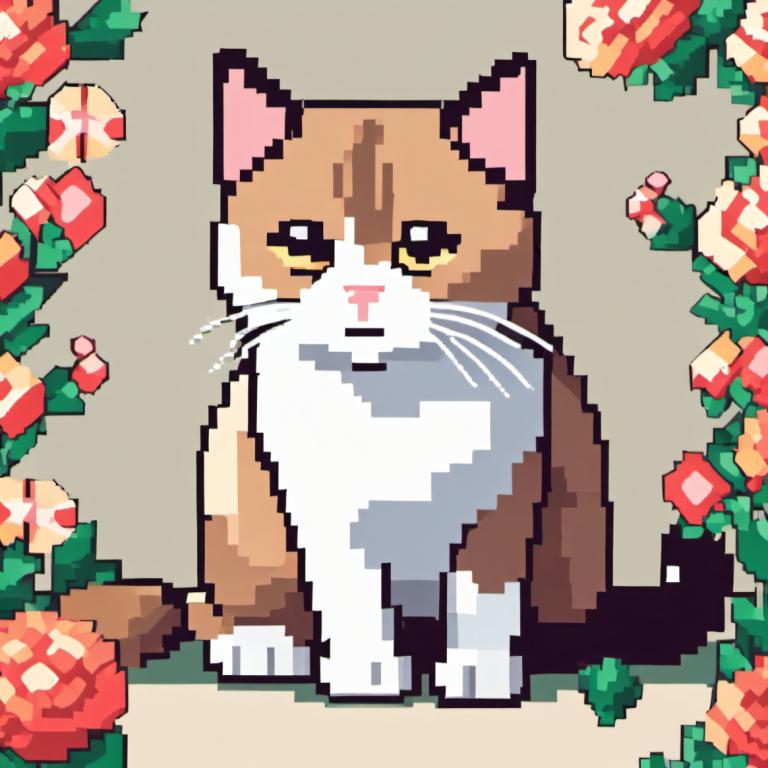 Pixel Art,Pixel Art, Animal, cat, no humans, cat, flower, animal focus, simple background, looking at viewer