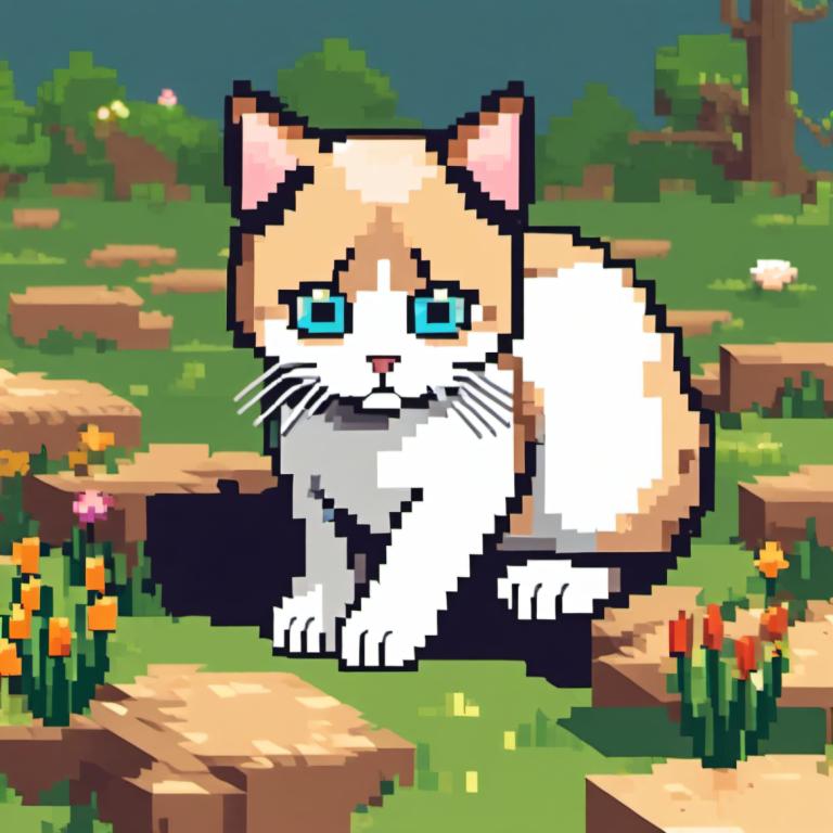 Pixel Art,Pixel Art, Animal, cat, no humans, flower, blue eyes, outdoors, cat, tree, orange flower, grass