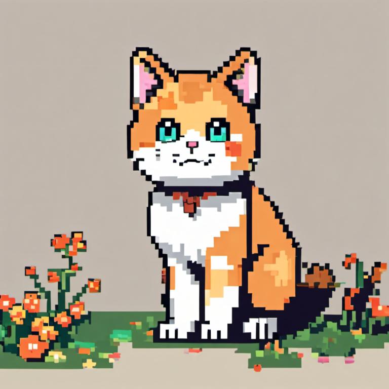 Pixel Art,Pixel Art, Animal, cat, no humans, flower, grey background, simple background, full body, standing