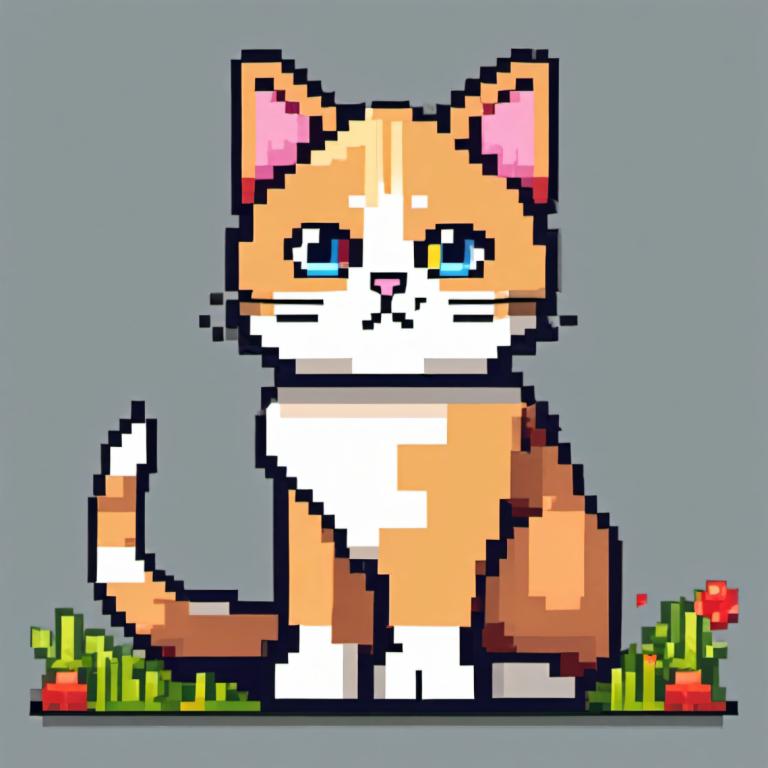 Pixel Art,Pixel Art, Animal, cat, grey background, no humans, cat, simple background, flower, blue eyes, solo