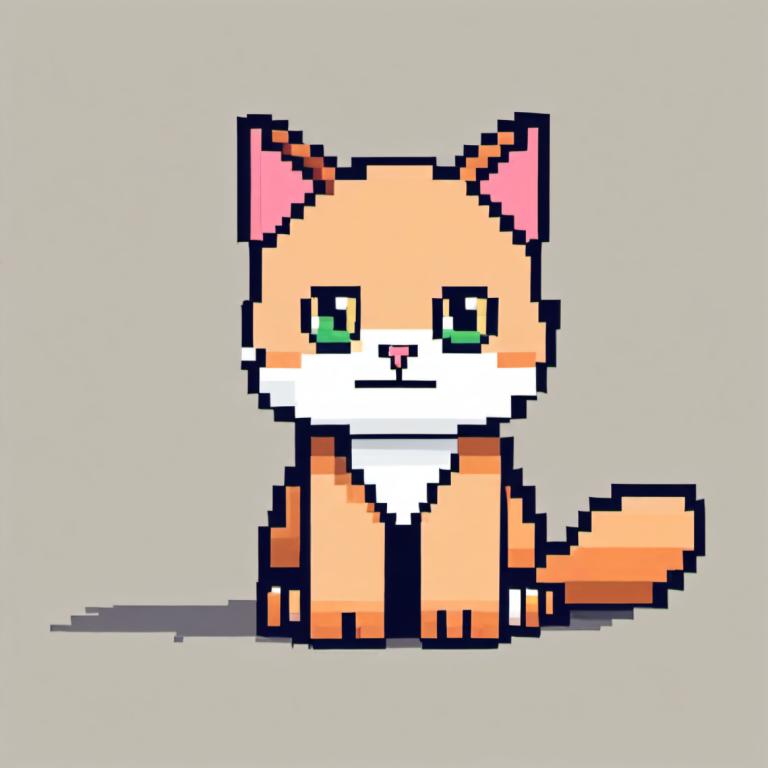 Pixel Art,Pixel Art, Animal, cat, no humans, green eyes, grey background, cat, simple background, sitting