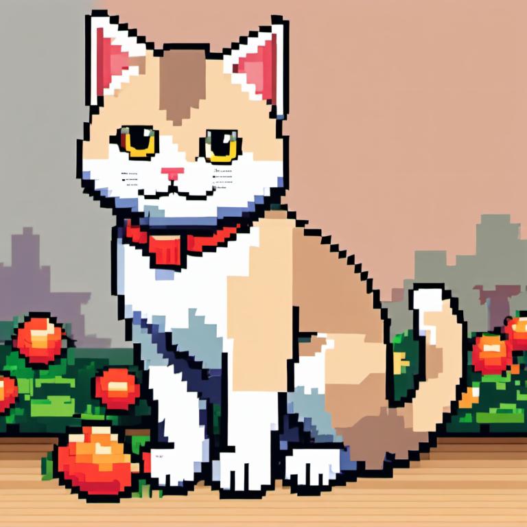 Pixel Art,Pixel Art, Animal, cat, no humans, flower, cat, yellow eyes, collar, animal focus, red flower, :3