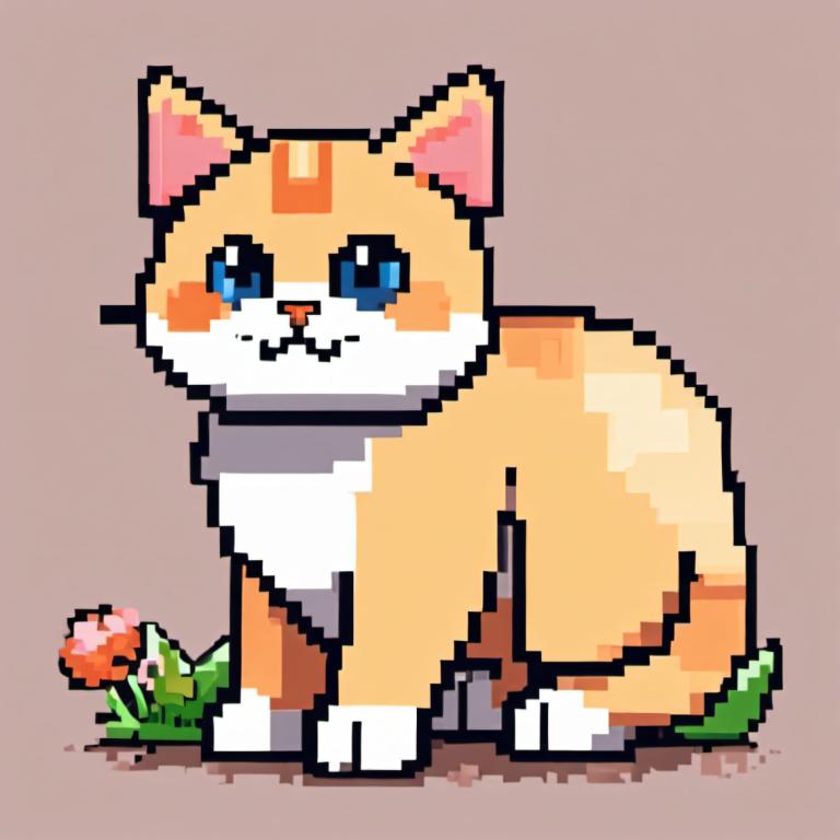 Pixel Art,Pixel Art, Animal, cat, no humans, blue eyes, flower, simple background, brown background, solo