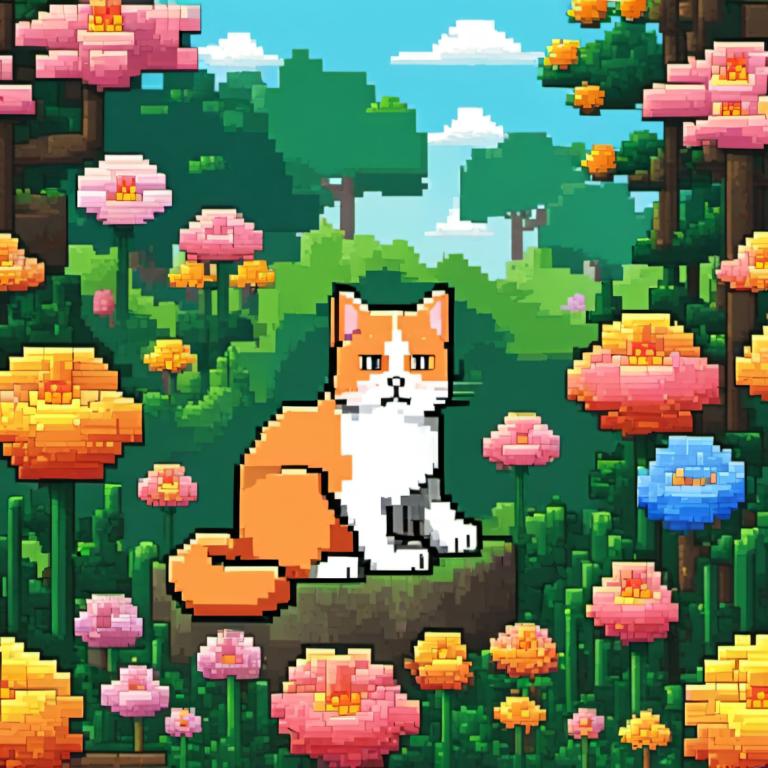 Pixel Art,Pixel Art, Animal, cat, no humans, flower, outdoors, cat, tree, day, nature, sky, animal focus