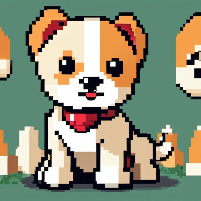 Pixel Art,Pixel Art, Animal, câine, câine, nici oameni, privind privitorul, papion, deschide gura, iarbă