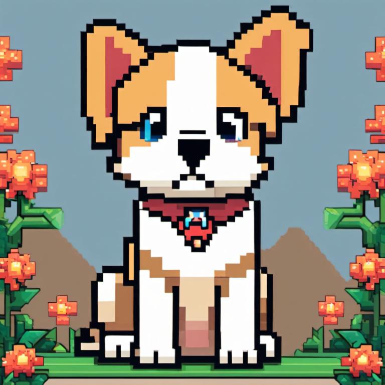 Pixel Art,Pixel Art, Dyr, hund, ingen mennesker, blomst, blå øjne, hund, ser på seeren, krave, udendørs, solo