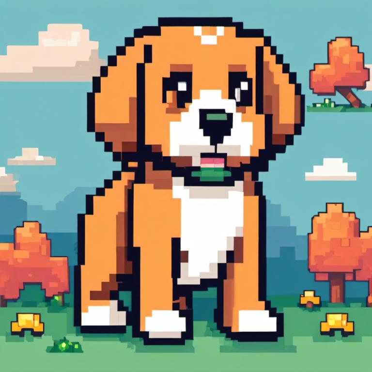 Pixel Art,Pixel Art, Animal, dog, no humans, outdoors, pokemon (creature), tree, cloud, grass, sky, solo, day