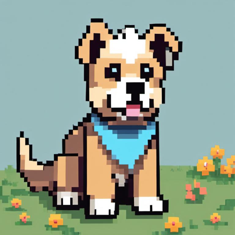 Pixel Art,Pixel Art, Animal, dog, no humans, pokemon (creature), solo, dog, flower, grass, full body