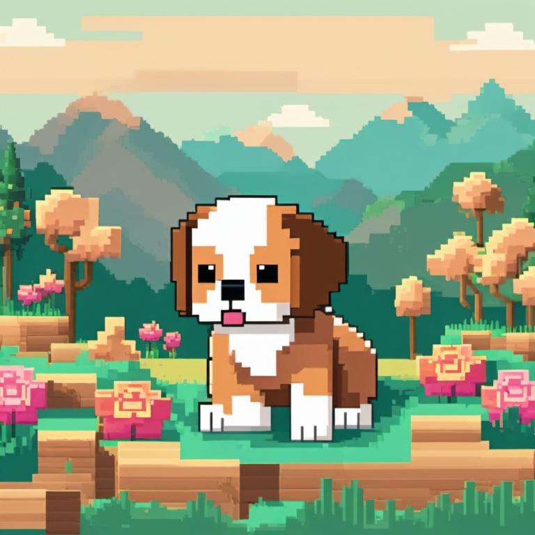 Pixel Art,Pixel Art, Dyr, hund, hund, ingen mennesker, udendørs, blomst, græs, bjerg, Sky, himmel, træ, solo