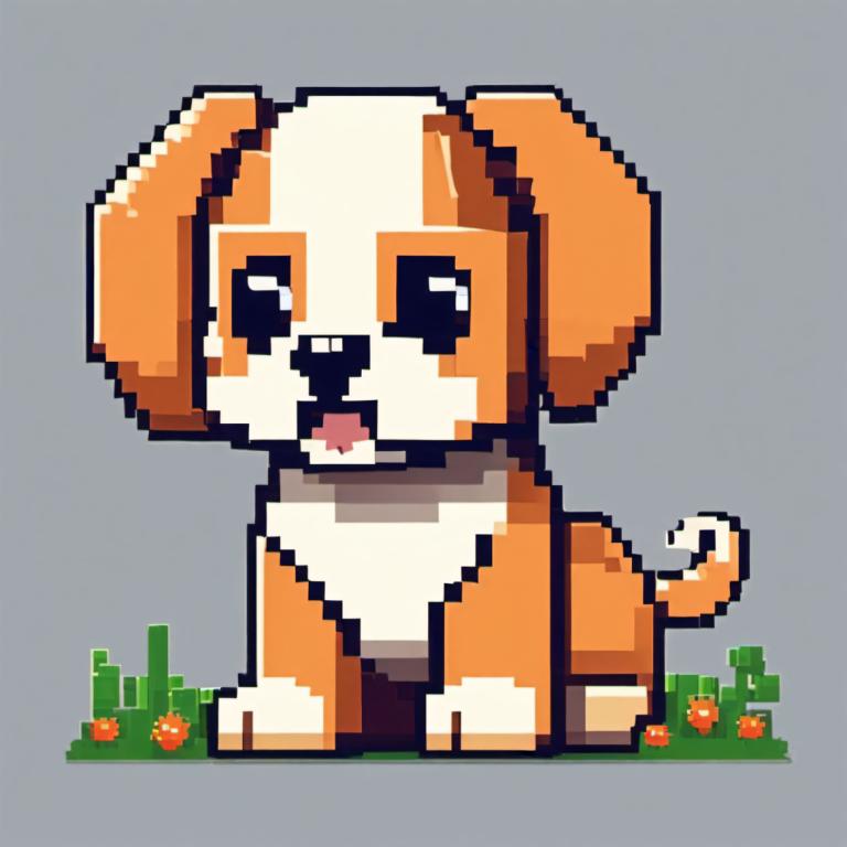 Pixel Art,Pixel Art, Animal, dog, no humans, grey background, dog, grass, solo, simple background, tongue