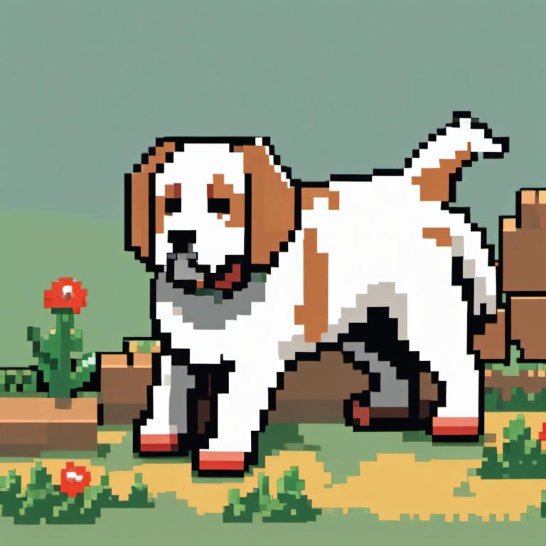 Pixel Art,Pixel Art, Dyr, hund, ingen mennesker, pokemon (væsen), blomst, græs, udendørs, hegn, hund, stående