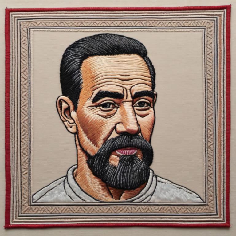 Embroidery Art,Embroidery Art, People, man, 1boy, solo, male focus, facial hair, black hair, beard, mustache