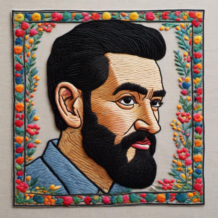 Embroidery Art,Embroidery Art, People, man, 1boy, solo, male focus, facial hair, black hair, flower