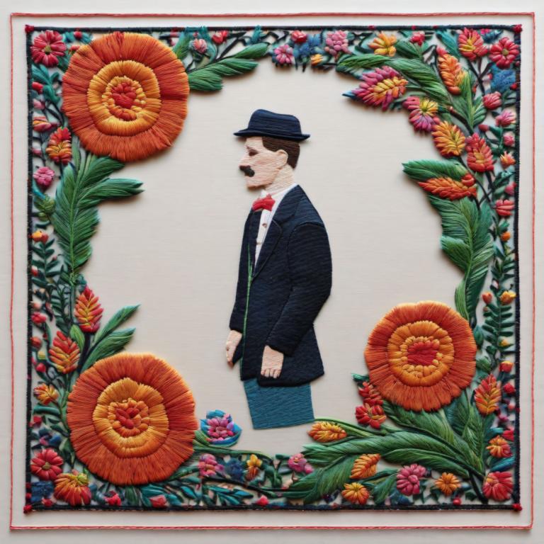 Embroidery Art,Embroidery Art, People, man, flower, 1boy, male focus, solo, facial hair, hat, mustache