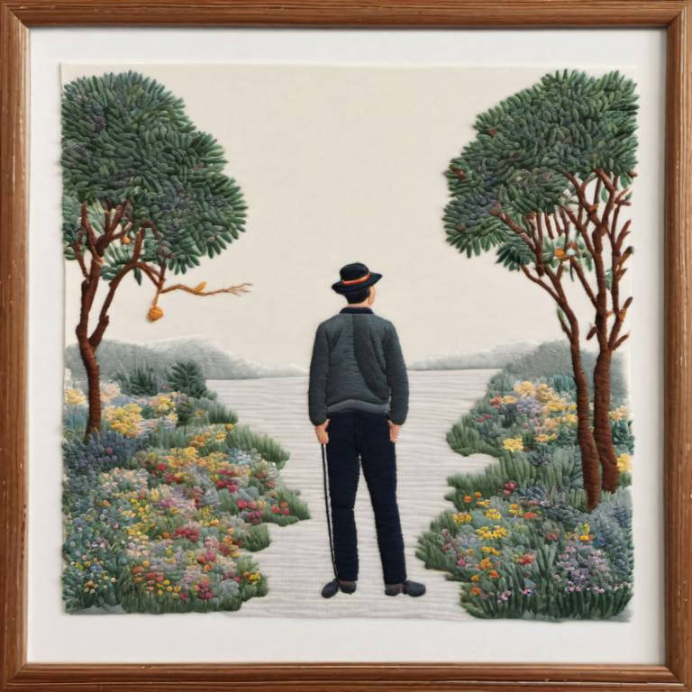 Embroidery Art,Embroidery Art, People, man, flower, 1boy, hat, solo, male focus, tree, pants, from behind