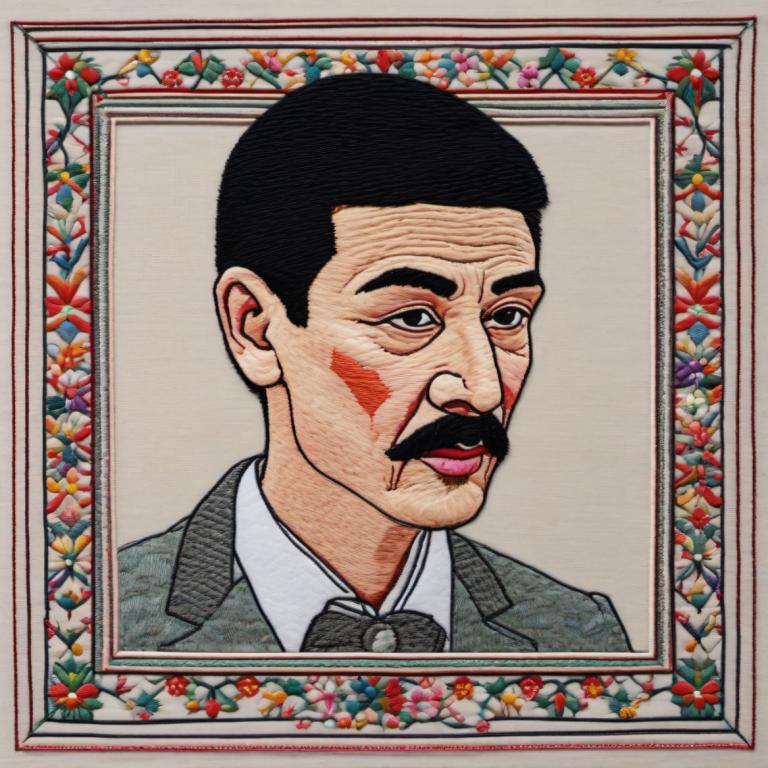 Embroidery Art,Embroidery Art, People, man, 1boy, male focus, solo, mustache, black hair, facial hair