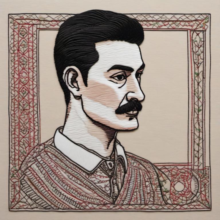 Embroidery Art,Embroidery Art, People, man, 1boy, solo, male focus, facial hair, mustache, black hair, shirt