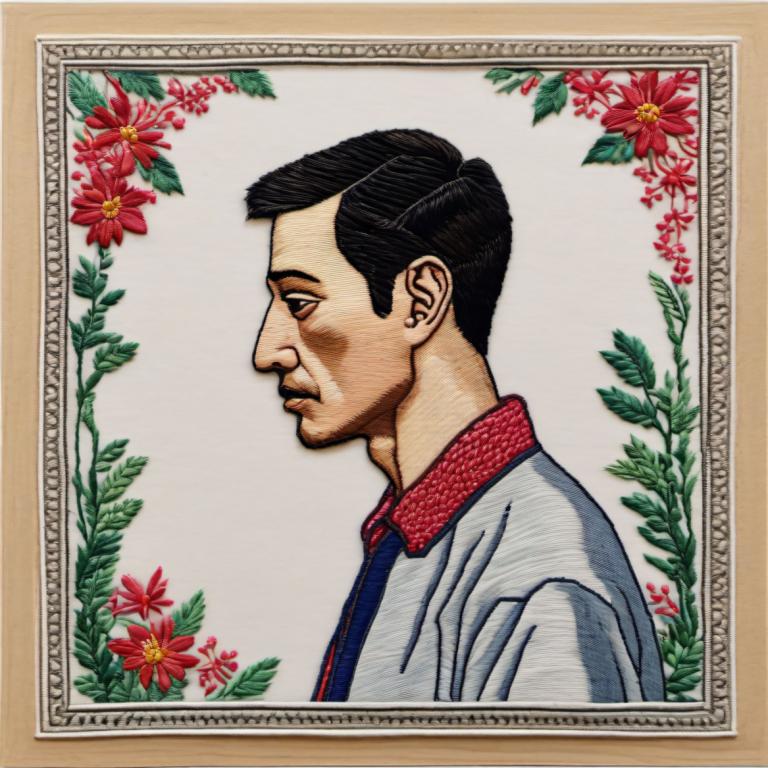 Embroidery Art,Embroidery Art, People, man, 1boy, male focus, solo, black hair, flower, profile, necktie