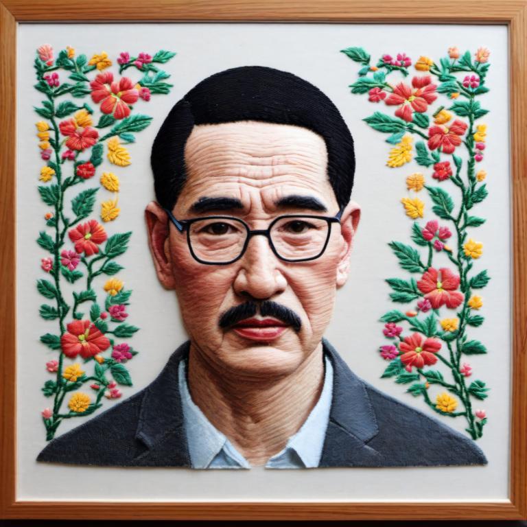 Embroidery Art,Embroidery Art, People, man, 1boy, male focus, glasses, flower, solo, black hair, facial hair