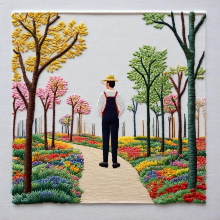 Embroidery Art,Embroidery Art, People, man, tree, solo, flower, black hair, hat, yellow flower, shirt