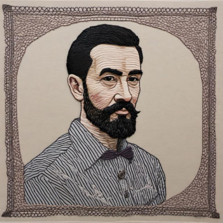 Embroidery Art,Embroidery Art, People, man, 1boy, male focus, solo, facial hair, black hair, shirt, beard